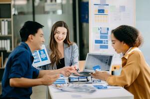 UX developer and ui designer brainstorming about mobile app interface wireframe design with customer breif and color code photo