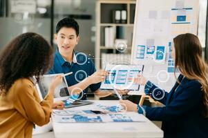 UX developer and ui designer brainstorming about mobile app interface wireframe design with customer breif and color code photo