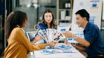 UX developer and ui designer brainstorming about mobile app interface wireframe design with customer breif and color code photo