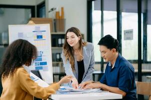 UX developer and ui designer brainstorming about mobile app interface wireframe design with customer breif and color code photo