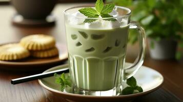 Green tea with mint, drink background, AI Generated photo