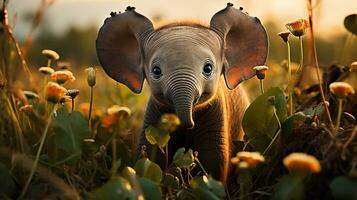 Baby elephant at sunset, AI Generated photo