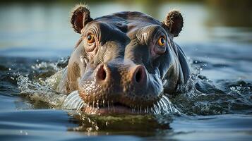 enojado hipopótamo en agua, ai generado foto
