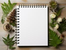 Notebook and herbs top view background mockup, AI Generated photo