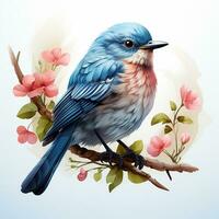 Watercolor blue bird on branch, AI Generated photo