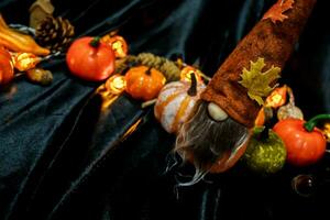 Halloween decorations background. Halloween Scary pumpkin head on wooden table Halloween holiday concept photo