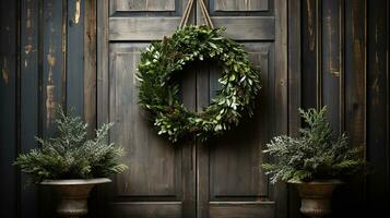 Christmas door decorations, wooden background, AI Generated photo