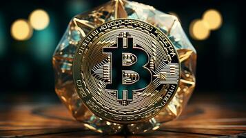 Bitcoins on the table, cryptocurrency background image, AI Generated photo