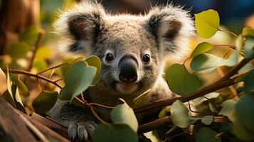 Koala in tree closeup, AI Generated photo