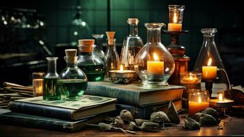 Old lab equipment, test tubes with the candle on the table photo