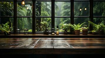 de madera mesa en un al aire libre restaurante o bar, ai generado foto