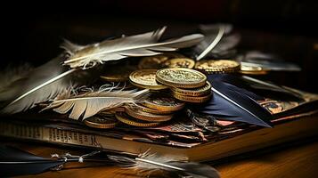 AI Generated, Stack of coins on the table photo