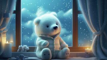 White cotton bear in a window, winter background, AI Generated photo