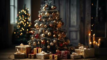 Christmas decorations and gifts background, AI Generated photo