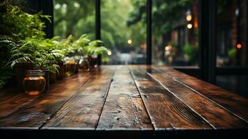 de madera mesa en un al aire libre restaurante o bar, ai generado foto