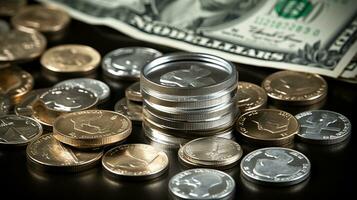 Stack of coins on the table, AI Generated photo
