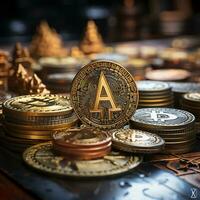 Bitcoins on the table, cryptocurrency background image, AI Generated photo