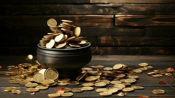 AI Generated, Stack of coins on the table photo