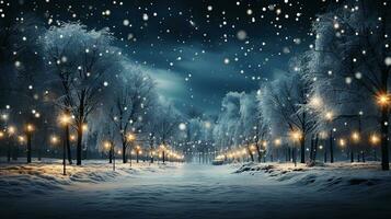 Winter calm street in the night, Christmas background, AI Generated photo