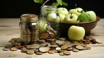 AI Generated, Stack of coins on the table photo