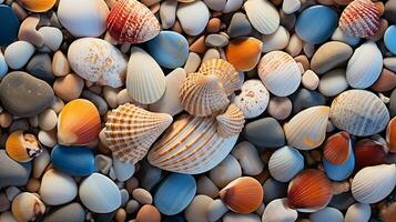 Seashells on the beach sand background, AI Generated photo