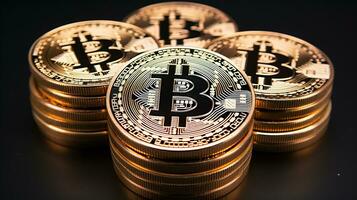 Bitcoins on the table, cryptocurrency background image, AI Generated photo