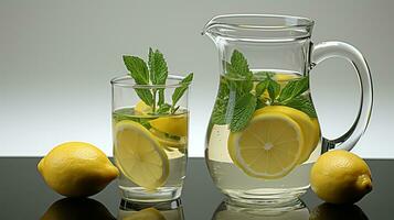Still life with lemon juice and lemons, AI Generated photo