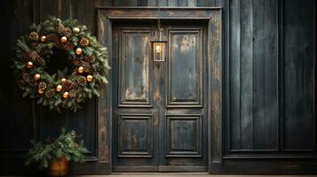 Christmas door decorations, wooden background, AI Generated photo