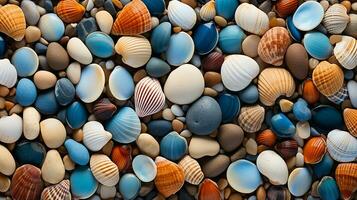 conchas marinas en el playa arena fondo, ai generado foto