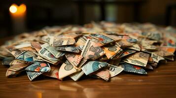 AI Generated, Banknotes are scattered on the table photo