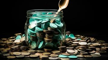 AI Generated, Stack of coins on the table photo