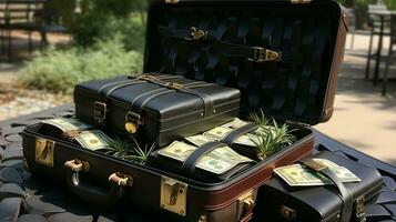 Old suitcase, financial concept background, AI Generated photo