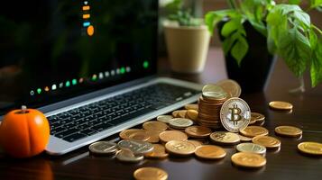 Bitcoins on the table, cryptocurrency background image, AI Generated photo