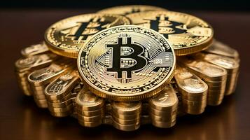 Bitcoins on the table, cryptocurrency background image, AI Generated photo