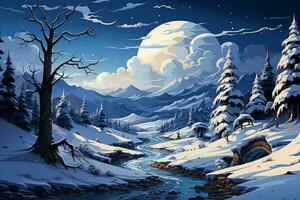 Impressive Christmas cartoon landscape under the snow, AI Generated photo