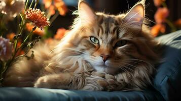 Hibernating cat picture, cute pet animal background image, AI Generated photo