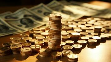 Stack of coins on the table, AI Generated photo