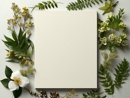 Notebook and herbs top view background mockup, AI Generated photo