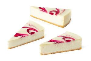 set pack of different angles slices of classical cheesecake new york strawberry or raspberry jam on white background isolated photo