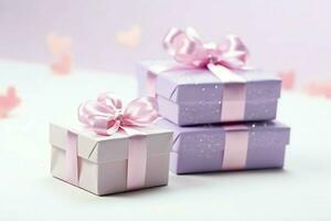 Colorful gift boxes present with ribbon and bow. For birthday, christmas gift or valentine occasions concept by AI Generated photo