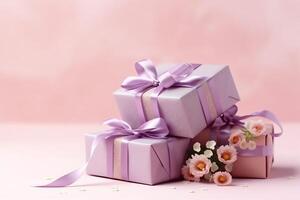 Colorful gift boxes present with ribbon and bow. For birthday, christmas gift or valentine occasions concept by AI Generated photo