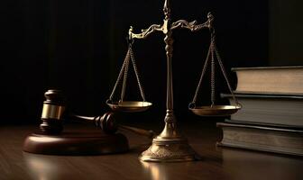 Symbolic representation of law gavel, scales and justice Creating using generative AI tools photo