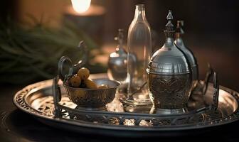 Glowing Moroccan tea cup decoration for Ramadan Kareem Creating using generative AI tools photo