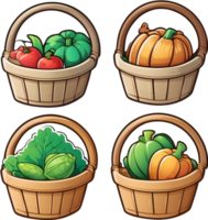 cartoon vegetables in baskets set, png illustration ai generative