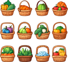 cartoon vegetables in baskets set, png illustration ai generative