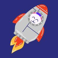 Cute cat in a rocket flies into space. Vector illustration of a cat in a rocket character in a flat cartoon style.