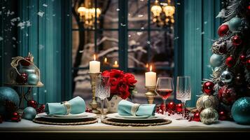 A beautiful table with christmas decorations generated by Ai photo