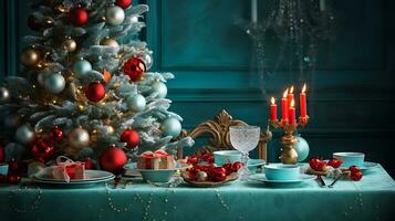 un hermosa mesa servido para Navidad familia cena decoraciones generado por ai foto