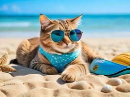 A cat wearing sunglasses is sitting on the beach ai generate photo