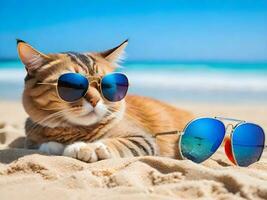 A cat wearing sunglasses is sitting on the beach ai generate photo